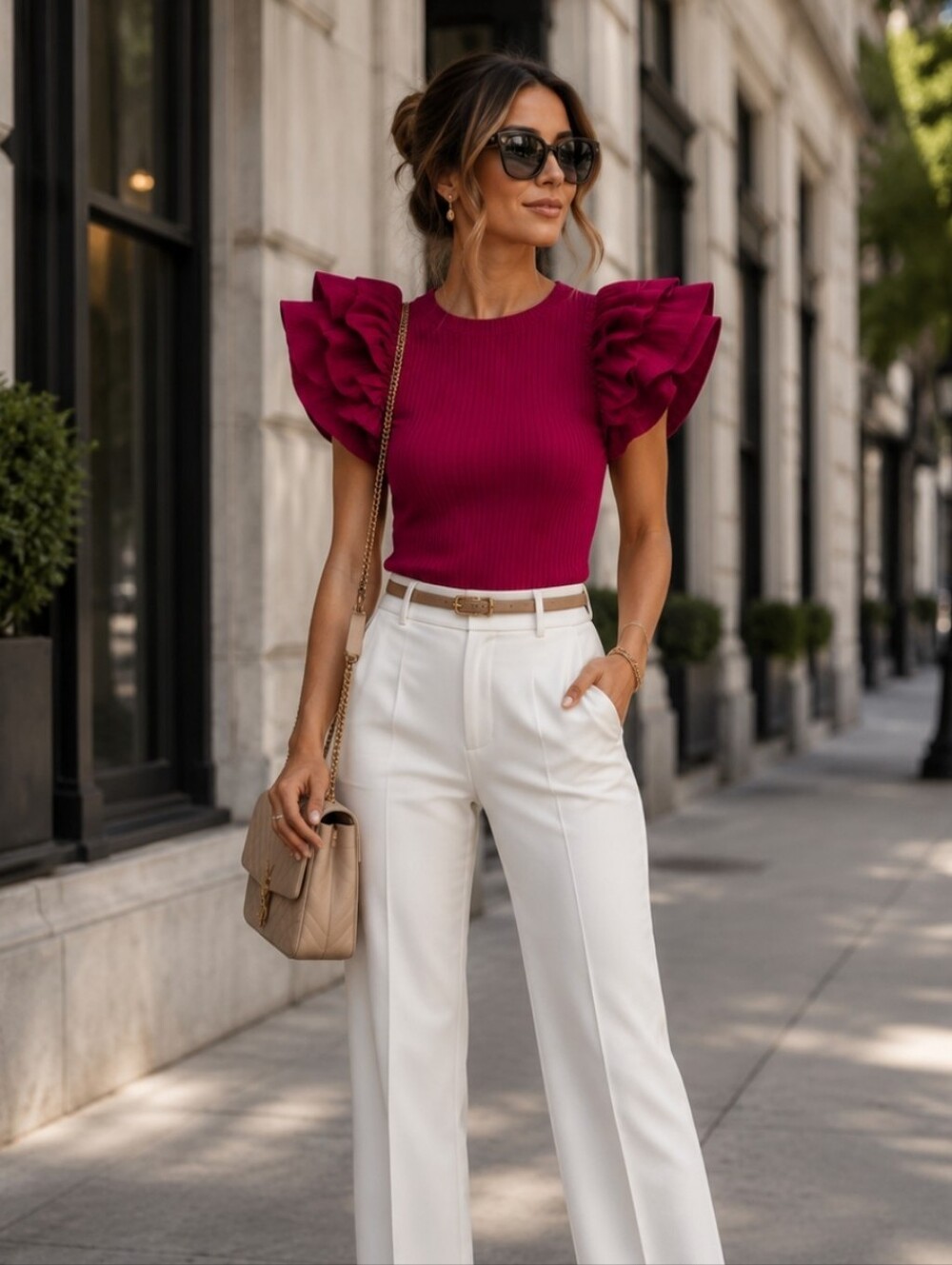 Marc New York Andrew Marc Berry Red Burgundy Ruffle Sleeve Ribbed Top Womens M